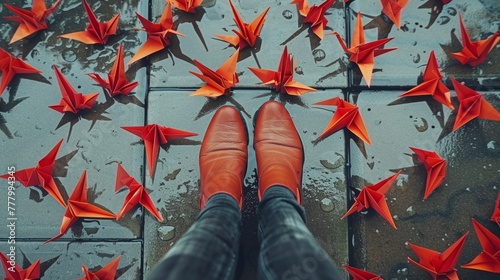 A person standing on a tile floor with red origami cranes surrounding them