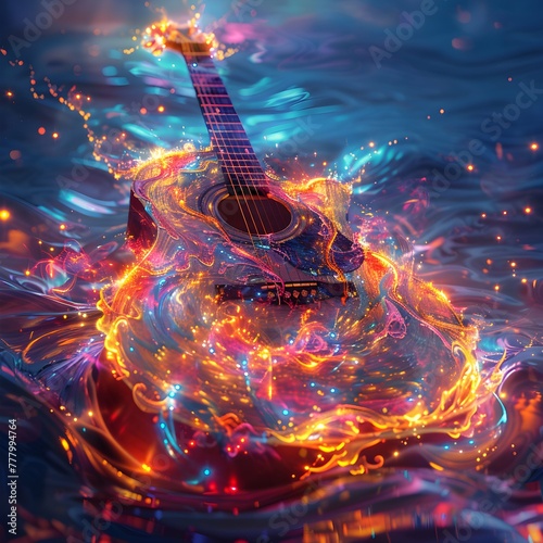 A guitar bathed in a wave of vibrant lights, embodying the spirit of mystical portraiture, a fusion of bright and shadowy hues