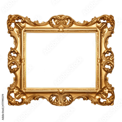 Ornate Baroque Style Golden Picture Frame with Intricate Details on a Transparent Background