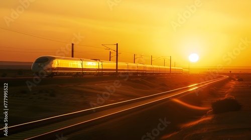Fast moving modern high speed train in flat landscape at sunset.