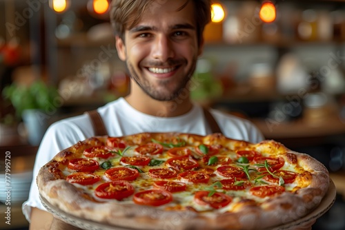 Man Holding Large Pizza With Tomatoes