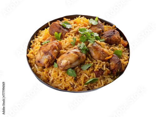 A bowl of biryani with chicken pieces on a transparent background
