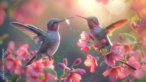 Hummingbirds flirting with flowers, nectars sweet allure ,3DCG,high resulution,clean sharp focus photo