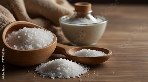 closeup of white coarse salt in wooden cup for concept of softening mineral bath or genuine cooking, sparse limestone background generative ai 