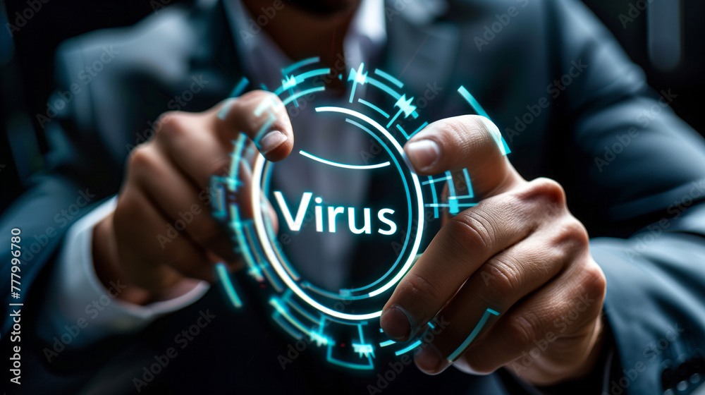 Virus Defense Activation, Businessman Activating Shield Icon, Proactively Guarding Against Online Threats Virus Defense Activation, Businessman Activating Shield Icon, Proactively Guarding Against Online Threats