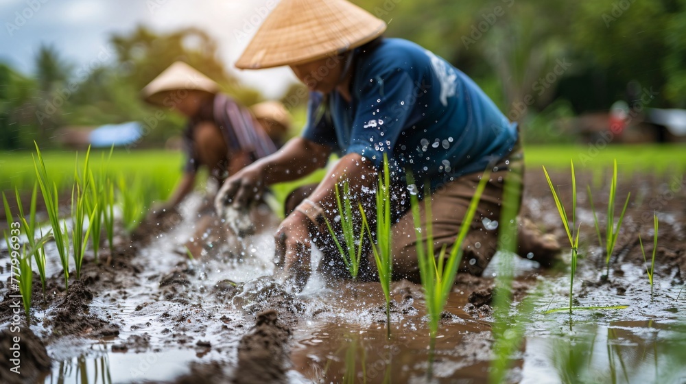Farmers grow rice in the rainy season. They soaked rice with water and mud to be prepared for planting Farmers grow rice in the rainy season. They soaked rice with water and mud to be prepared for planting