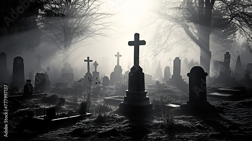 A Graveyard Shrouded in Mystery and Shadows Ghosts Spirits Haunting with black and white background 