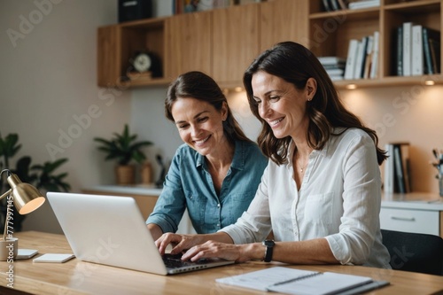 Smiling mother and daughter working on laptop at desk in home office