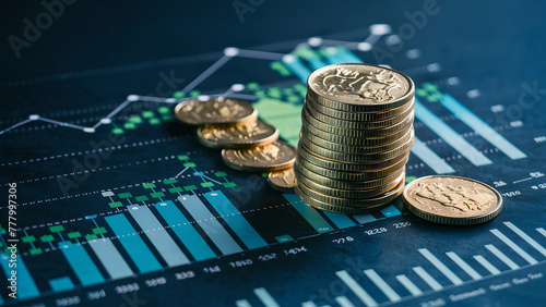 Financial Success Visualization: Gold Coin Piles Over Business Data