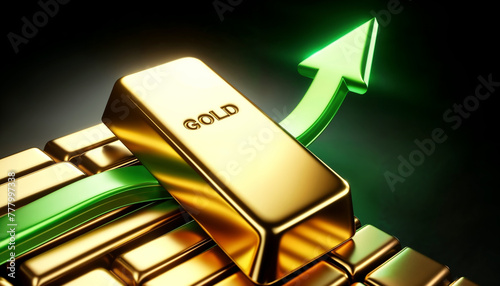 Gold bars with a 3D green arrow pointing up, symbolizing rising gold prices.
