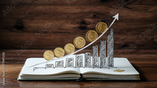 Financial Literacy: Hand-Drawn Bar Chart Over a Book with Gold Coins