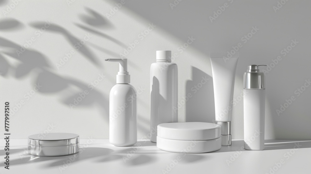 A collection of white beauty products are displayed on a white background