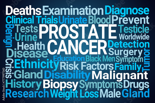 Prostate Cancer Word Cloud on Blue Background