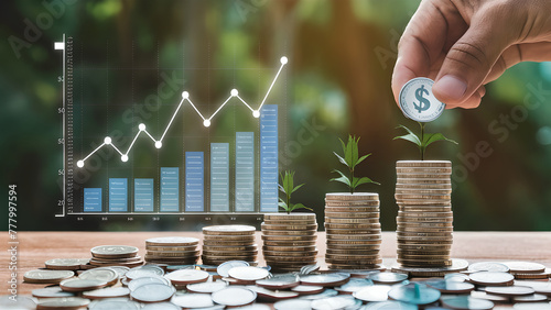 Financial Growth: Hand Holding Coin with Growing Plants and Ascending Graph