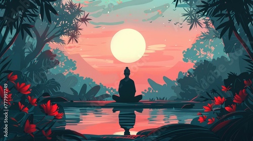 A Serene Meditation Space Surrounded by Nature s Tranquil Ambiance and Calming Reflections description This serene D depicts a peaceful meditation