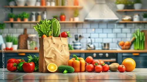 Bountiful Assortment of Fresh Produce Overflowing from Eco Friendly Paper Bag on Kitchen Counter