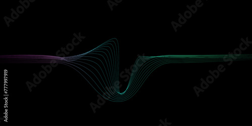 Abstract wavy dynamic blue green violet light lines curve banner on black background in concept technology, neural network, neurology, science, music, neon light photo