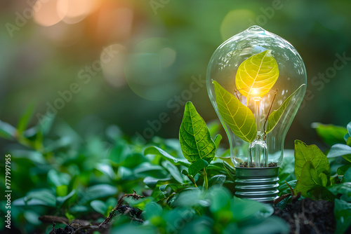 An image representing world environment and earth day concept with green leaves in a lightbulb, promoting eco-friendly environment. #777997955