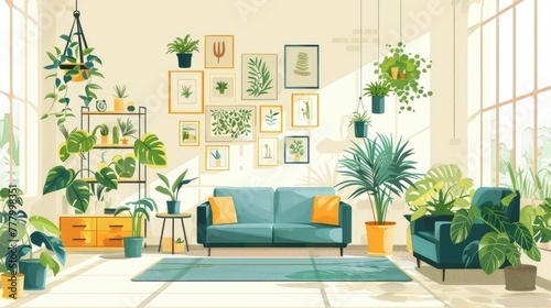 Cozy and Sustainable Living Room with Lush Indoor Plants and Nature Inspired Decor