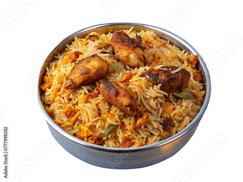A bowl of biryani with chicken pieces on a transparent background