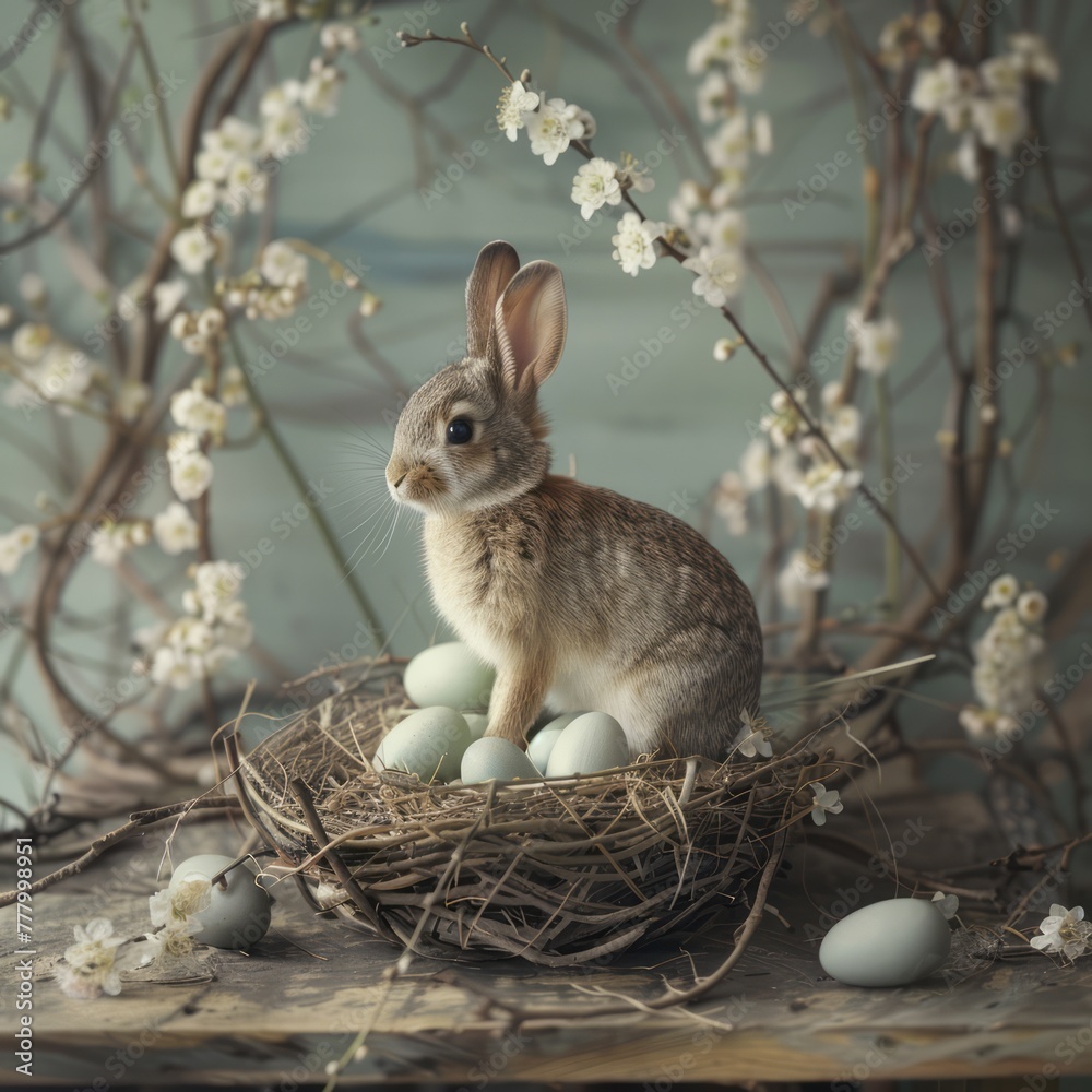 Fototapeta premium Easter cute fluffy little bunny in a wicker basket with spring flowers and Easter eggs. Easter holiday.