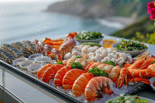 Fresh seafood platter with shrimp, oysters and lobster on ice