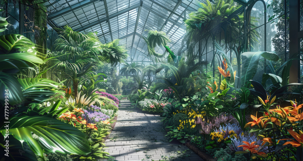 A lush green house filled with vibrant flowers and exotic plants, offering an immersive experience for visitors to explore the beauty of nature in all its glory