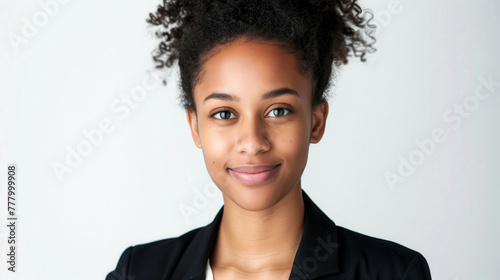 a headshot of a young professional exuding confidence and positivity. Diverse ethnicity. White background