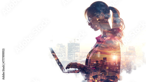 Businesswoman utilizing a laptop against a city backdrop, business, hitech, white background photo