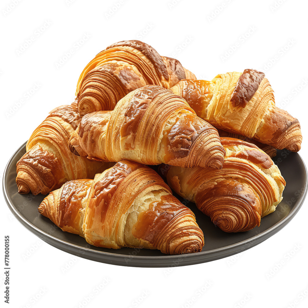 A plate of buttery croissants freshly bak isolated on transparent background