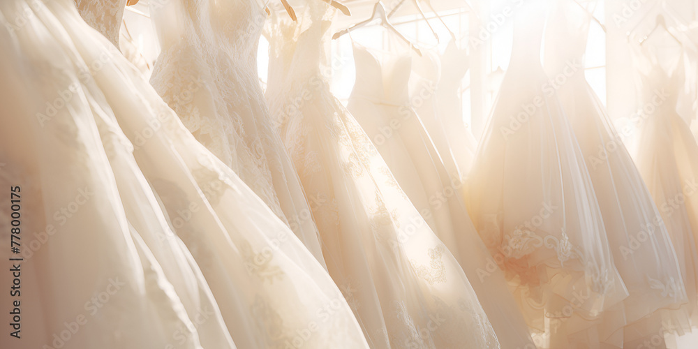 Lush white wedding dresses hang in a row on a hanger wedding fashion bridal style on a sunlight background - obrazy, fototapety, plakaty 