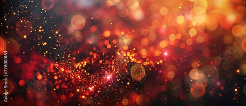 3d render of abstract golden red composition with depth of field and glowing particles in dark with bokeh effects. Science fiction microcosm or macro world or abstract Christmas garlands in the air
