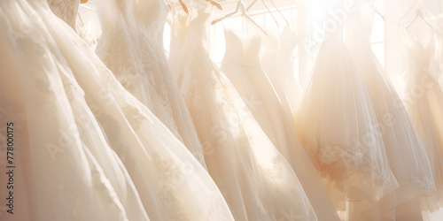 Lush white wedding dresses hang in a row on a hanger wedding fashion bridal style on a sunlight background