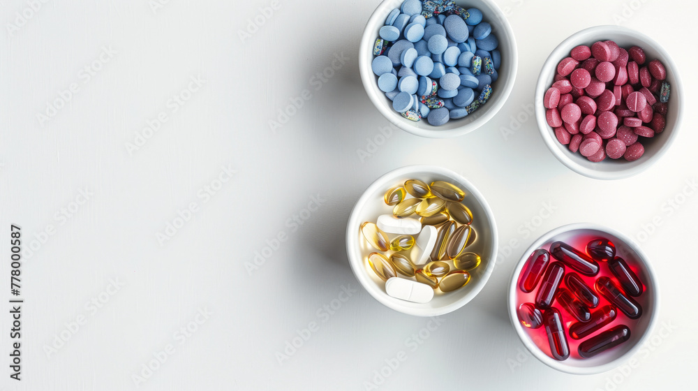 Healthcare Variety, Three Bowls Filled with Capsules, Tablets, and Softgels, Offering Options for Wellness