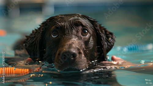 A paralyzed dog enjoying a swim in a specially designed pool,  supported by flotation devices and loving hands