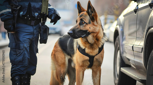 A police German shepherd helps to search a detainee's car, looking for a prohibited substance  photo