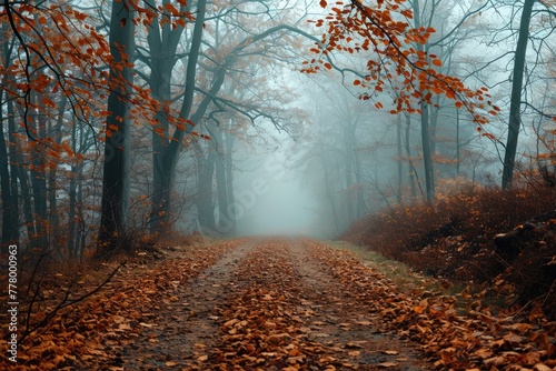 A foggy forest path strewn with autumn leaves, Autumn Park with trees in a misty haze and a path strewn with fallen leaves., Ai generated