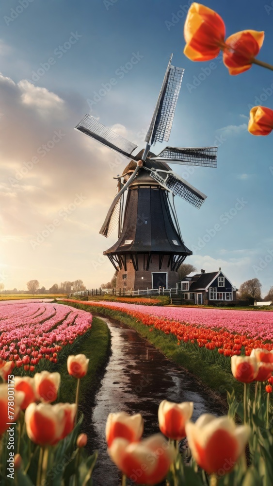 Dutch windmill stands tall amidst a vibrant sea of yellow tulips in Holland. The scene is reminiscent of a bygone era, with a retro tone adding to its nostalgic charm.