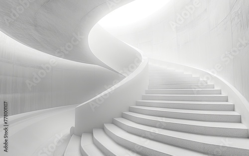 A white staircase with a spiral design. The staircase is empty and the only light source is coming from the top. The staircase is very tall and narrow, giving it a sense of height and grandeur