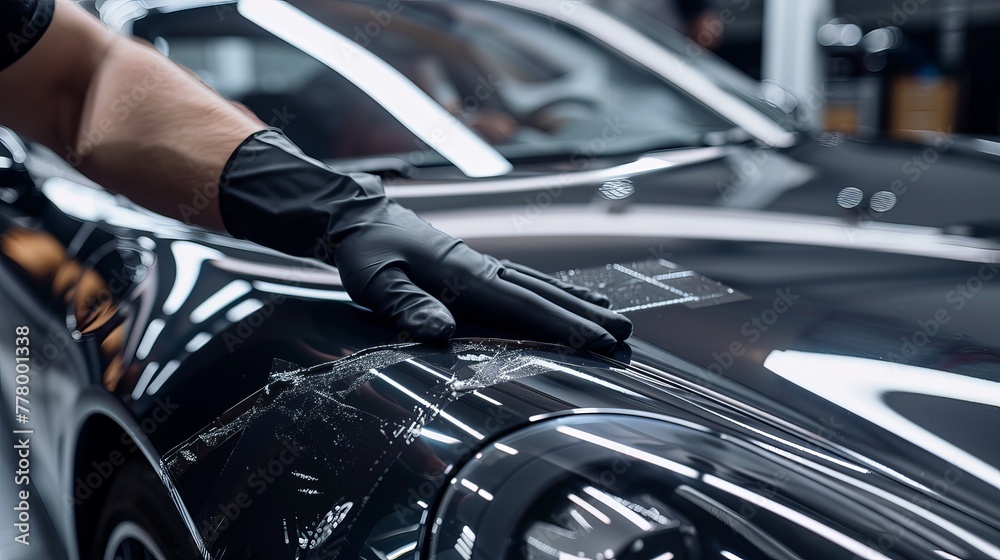 Close-up of a car wrap installer in black silicone gloves placing clear film with a squeegee on the hood of a luxury car