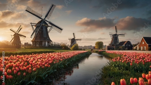 Dutch windmill stands tall amidst a vibrant sea of yellow tulips in Holland. The scene is reminiscent of a bygone era, with a retro tone adding to its nostalgic charm. photo