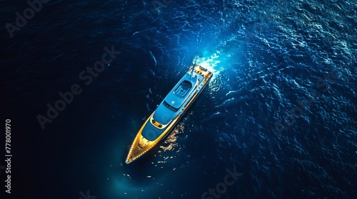 Aerial photo of a large luxury yacht isolated in the middle of a deep blue ocean. © Zahid