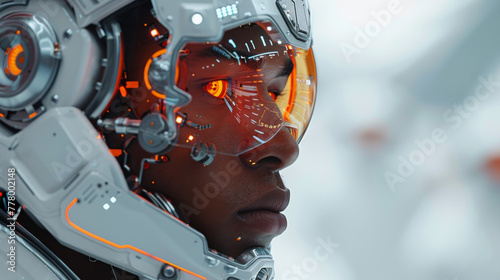 Stylish handsome cyborg head in profile / Futuristic man