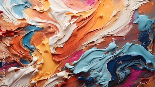 Waves of glossy liquid paint and colored stains create an abstract background. © Ali