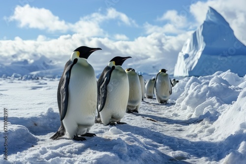 A group of Emperor Penguins in the snow-filled expanse of Antarctica  Penguins walking in the snow A group of king penguins  AI generated