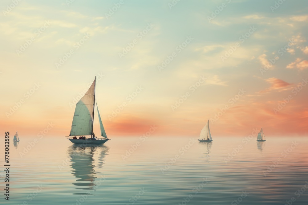 Fototapeta premium A group of sailboats drifting on a calm sea, sailboats drifting on sea, AI generated