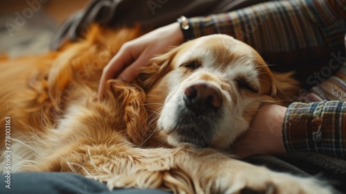 A paralyzed dog enjoying a massage from its owner,  relaxing and reveling in the attention photo