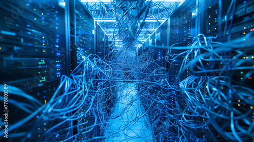 digital cables and wires in an overflowing server room