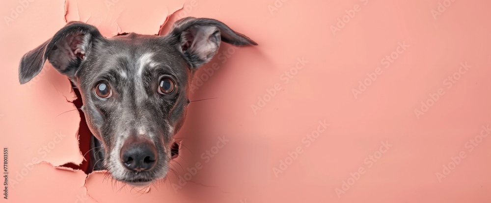 A dog's head is peeking out of a hole in a pink background. The dog's eyes are open and staring, giving the impression of curiosity or surprise. The scene is playful and whimsical