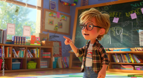 A young girl with glasses, wearing an unbuttoned plaid shirt and jeans stands in front of the blackboard pointing at something on it. The background is a colorful classroom filled with books and toys photo